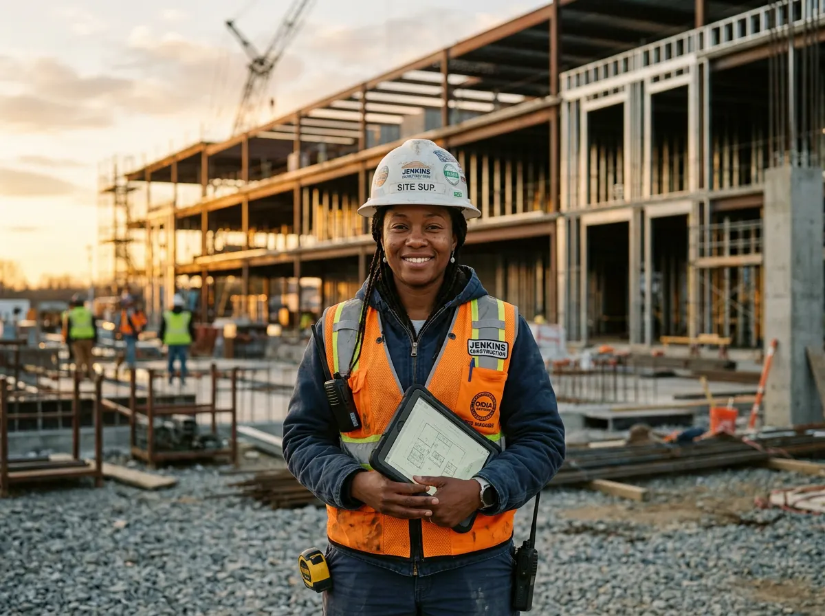 Site superintendent in a hard hat holding a tablet on a commercial job site