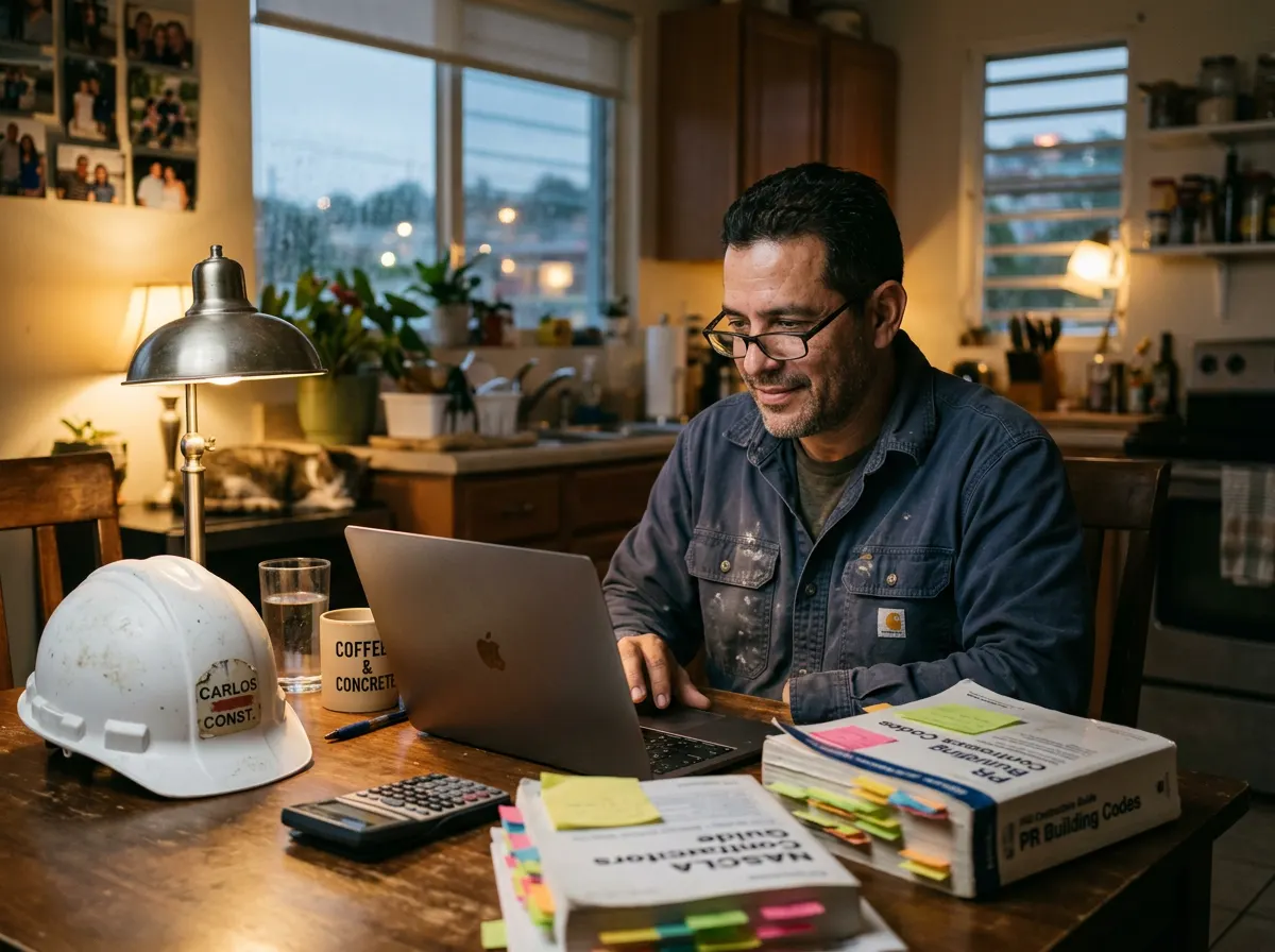 Contractor studying for his license exam at the kitchen table with tabbed reference books